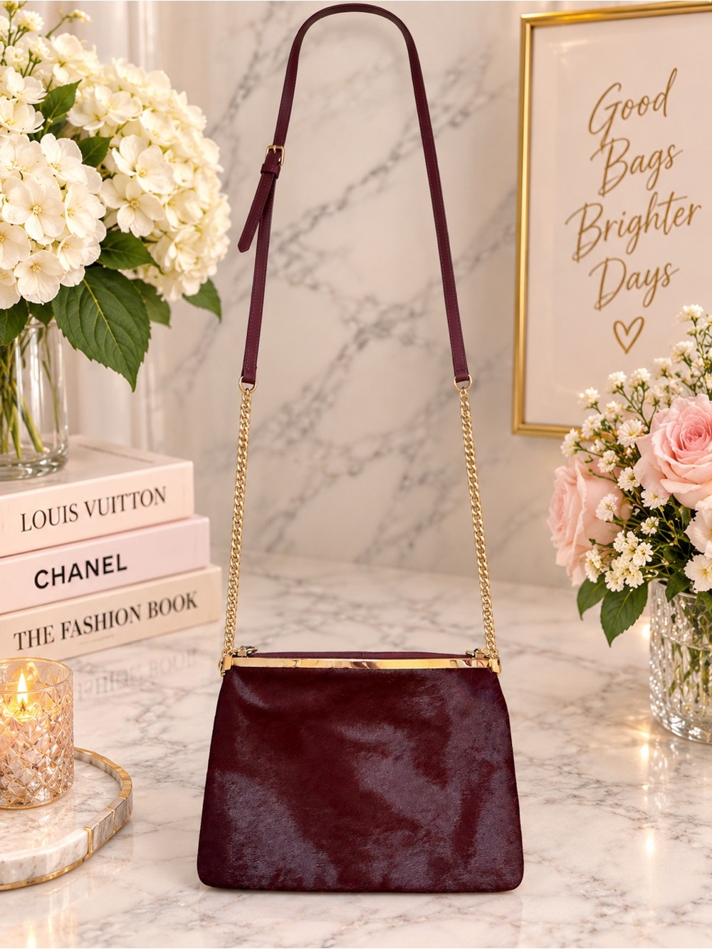 Marciano Burgundy Calf Hair & Leather Shoulder Bag with Gold Chain